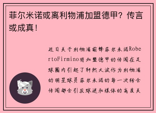 菲尔米诺或离利物浦加盟德甲？传言或成真！